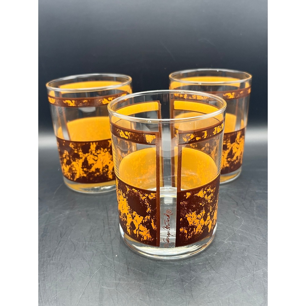 Vtg Georges Briard Amber Marble Brown Gold Leaf Whiskey Glasses Tumblers Set 3‎
